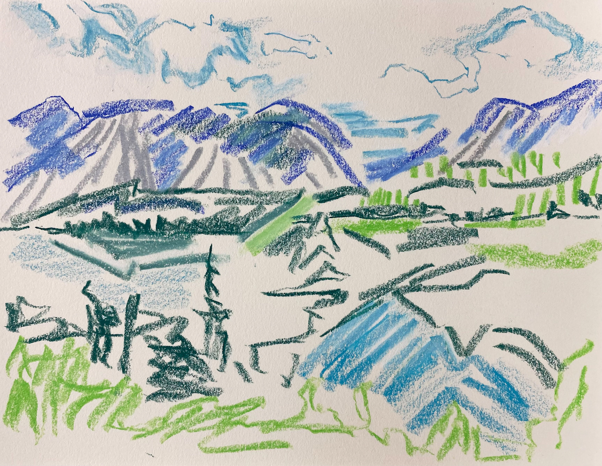 reflection (kootenays) drawing on paper, wax crayon, Canadian contemporary artist barbra edwards, gulf islands, BC
