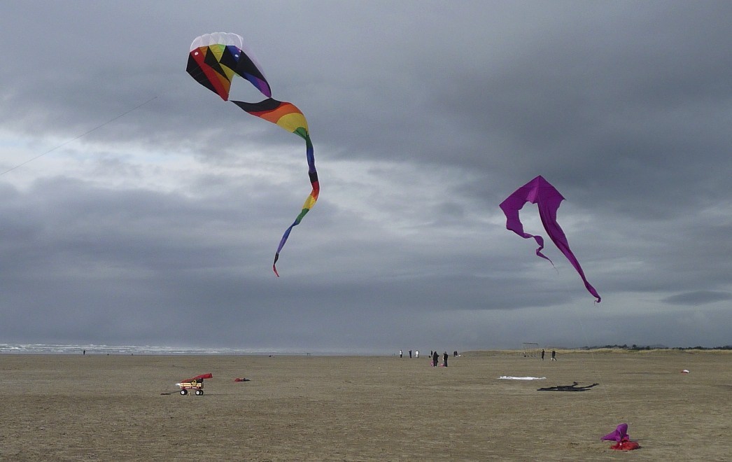 flying kits on Oregon beach, photograph by abstract artist  Barbra Edwards, Pender Island, BC