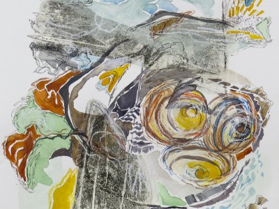 tidal bore_mixed media on paper_by canadian contemporary painter barbra edwards, Pender Island, BC