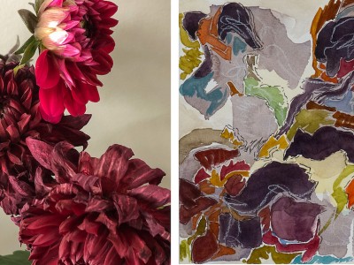 untitled (dahlias wth watercolour) diptych by contemporary Canadian artist barbra edwards pender island BC